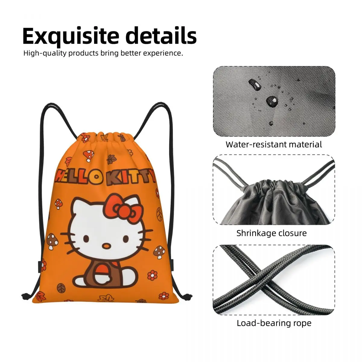 Custom ฤดูใบไม้ร่วงใบ Hello Kitty กระเป๋าเป้สะพายหลังผู้หญิงผู้ชายกีฬา Sackpack พับการ์ตูน Cat Shopping Bag กระสอบ