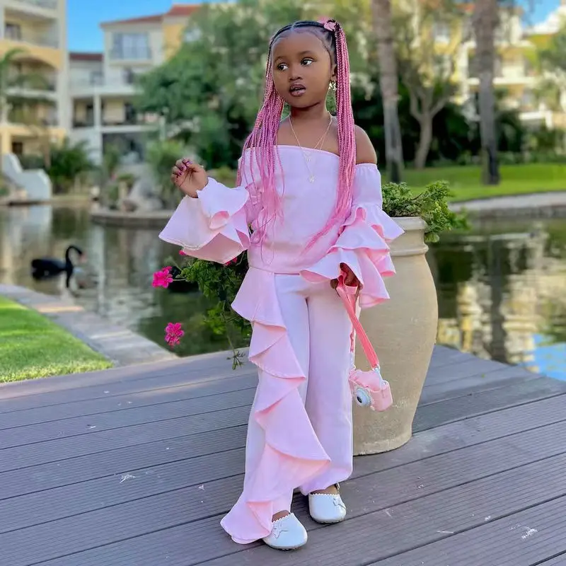 1-8Y set di abbigliamento per bambini per ragazze camicia a maniche lunghe con spalle scoperte rosa + pantaloni arruffati abbigliamento autunnale