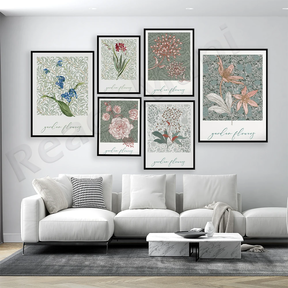 Morris botanical poster, forget-me-not, rose, freesia garden botanical original nature illustration, aesthetic decoration