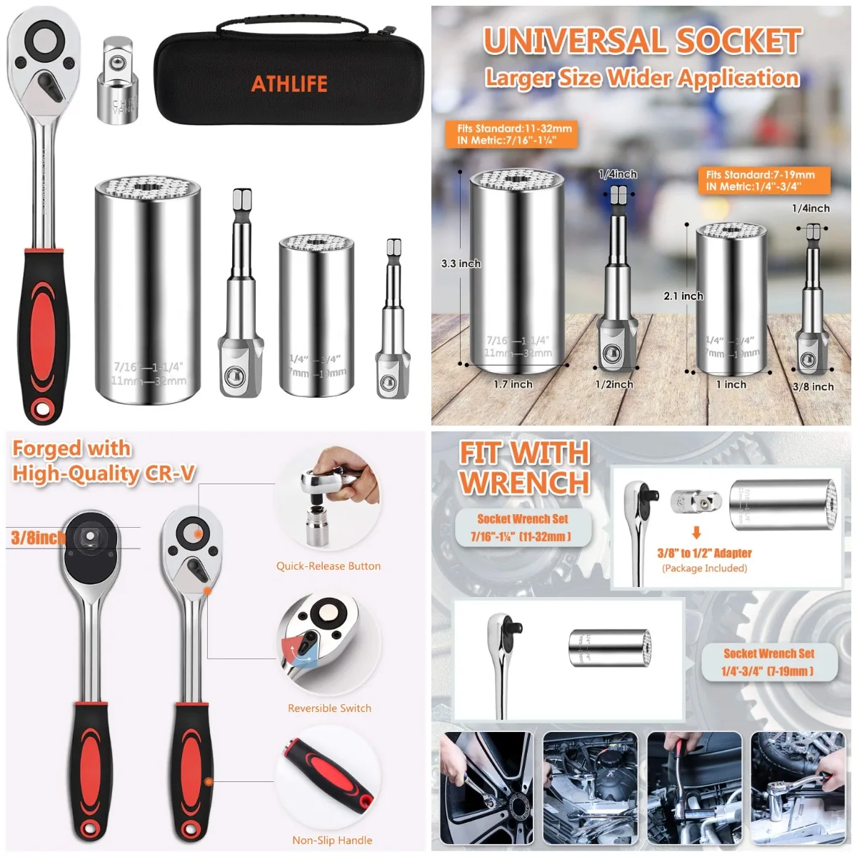 

Набор универсальных торцевых ключей 11–32 мм, 7–19 мм, трещотка 3/8 дюйма и адаптер для сверла, хром-ванадиевая сталь