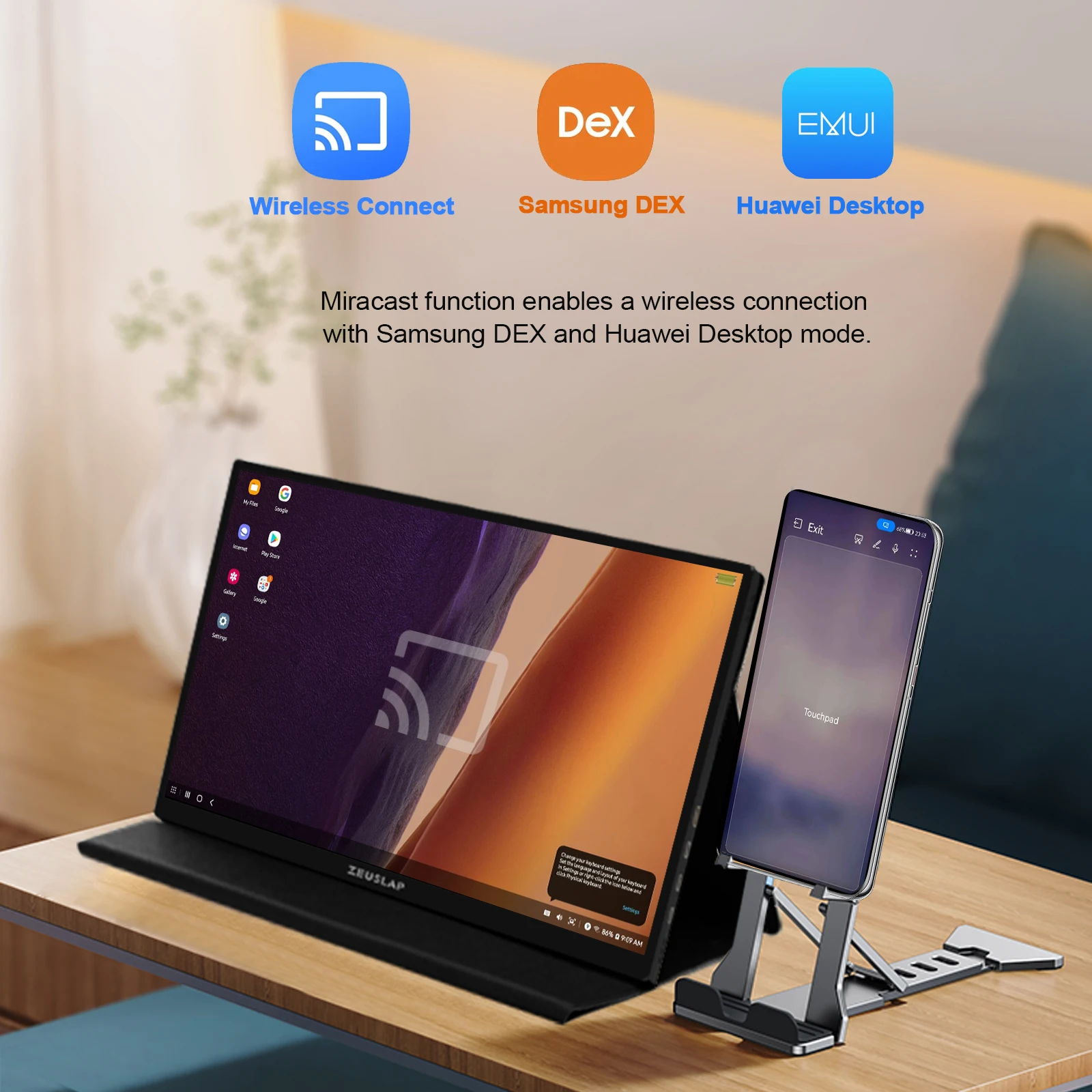 ZEUSLAP Monitor portatile Miracast wireless da 16 pollici Funzione touch Estendi lo schermo per il telefono portatile PS5 Xbox con batteria