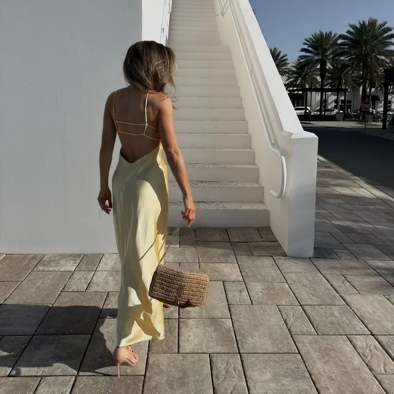 Geel Satijn V-hals Zingen Lange Jurken Damesmode Backless Mouwloze Maxi Gewaden Mode Vrouwelijke Avondfeest Club Jurken