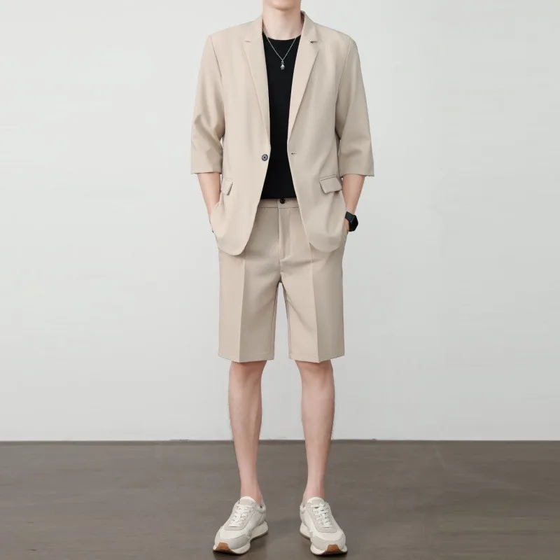 

KIDWHXR Summer Men Outfit Thin Breathable Solid Color Male 2-piece Suit Set Loose Business Casual Man Short Sleeve Suits