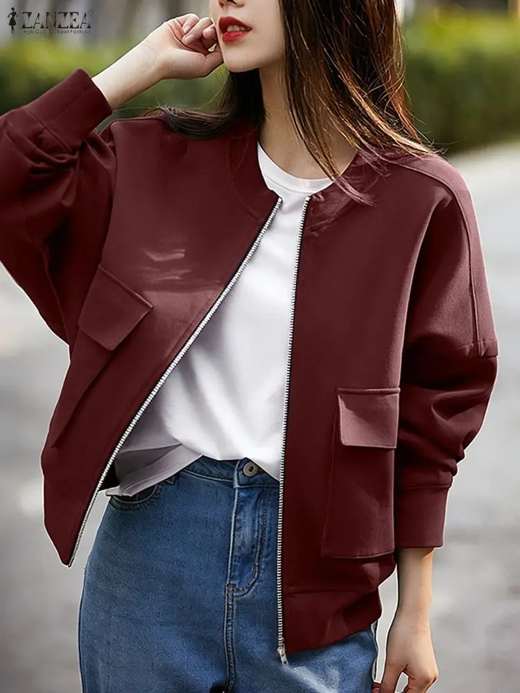 ZANZEA, chaquetas Vintage para mujer, abrigos, cárdigan de otoño, blusas de manga larga, Tops lisos con cremallera, prendas de vestir finas informales con cuello redondo para primavera 2026