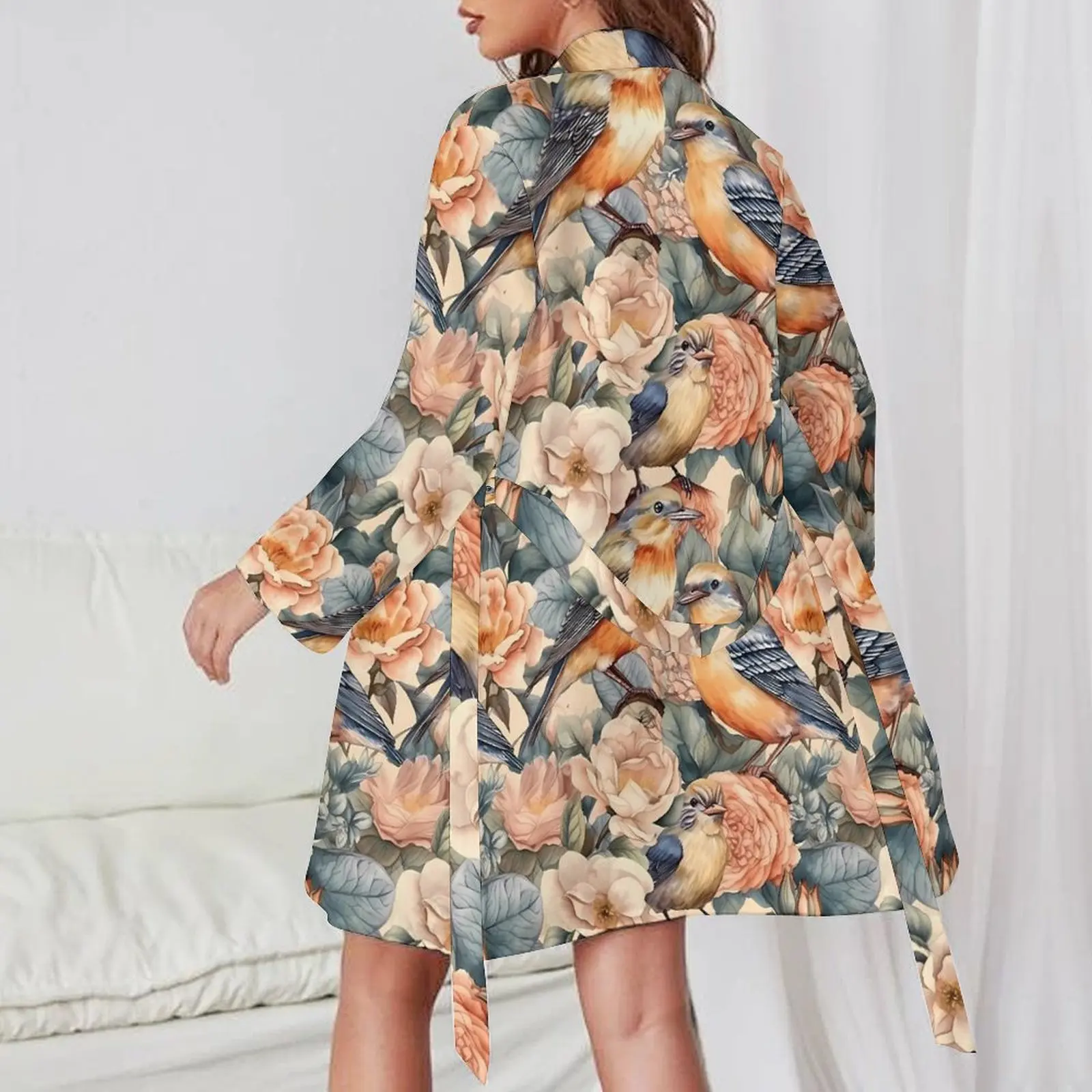 Birds Flower Pajama Robe Watercolor Print Long-Sleeve Pajamas Robes Woman V Neck Comfortable Nightgown Autumn Pattern Dresses