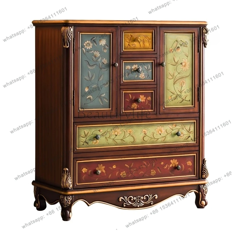 

European-style medieval solid wood dining side cabinet, simple living room with drawer storage cabinet