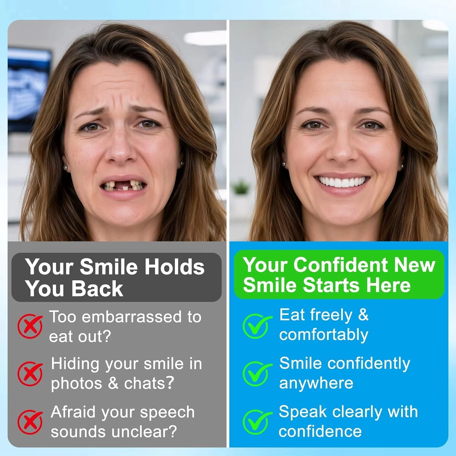 Vivid Tone Ultra‑Comfort Snap‑On Dentures No Gum Soreness Repair Uneven Cracked Missing Broken Teeth