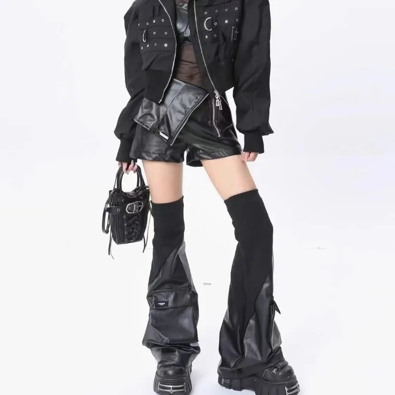 2025 New Vintage Punk Pu Leather Women's Leg Warmers Streetwear Y2K Retro Gothic Women Girls Harajuku Thigh High Socks Leg Cover