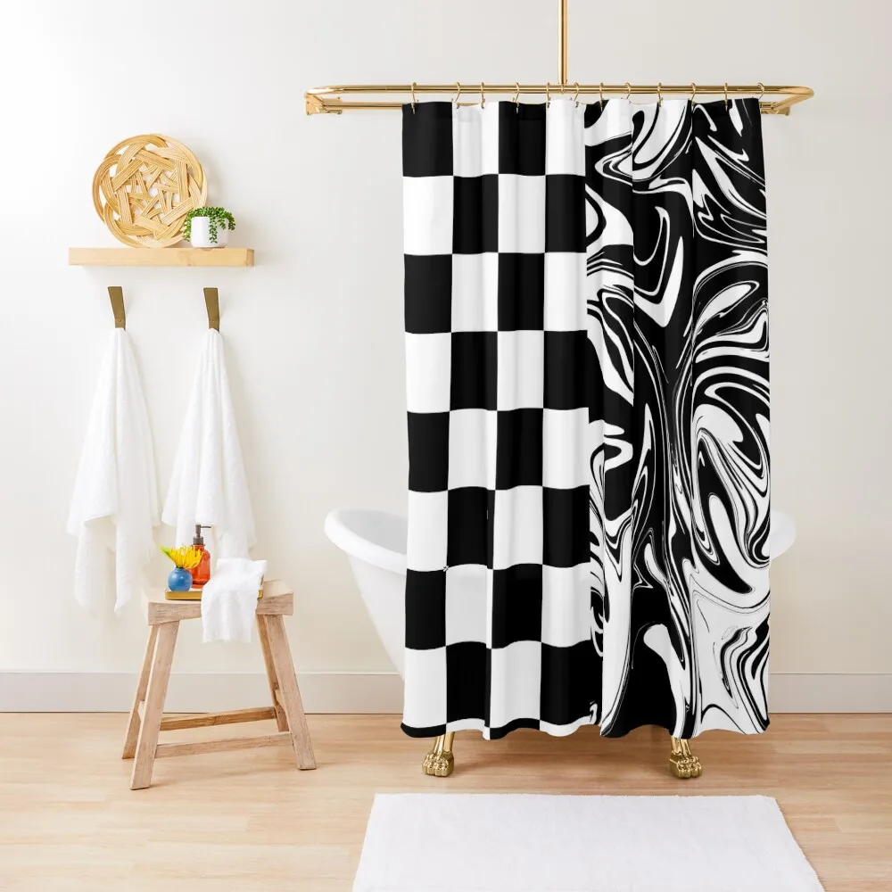 

Checks and Swirls - Black and White Shower Curtain Anime Shower Bathroom Shower Set Curtain
