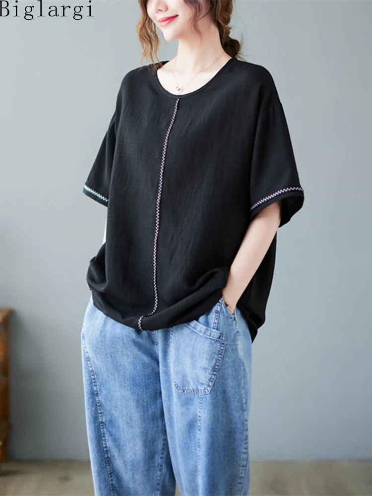 Oversized Loose Summer Women T Shirt Casual Korean Ladies Womens Tshirts Large Size 2023 chic Cotton Hemp Black T-shirt Tops