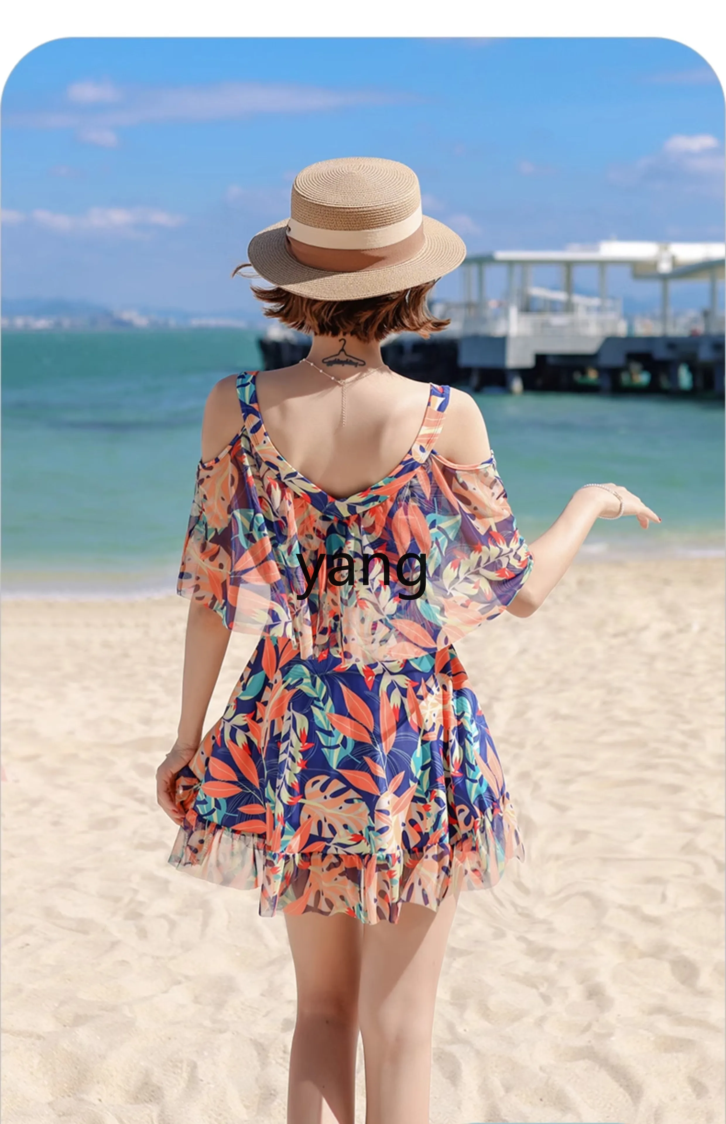 LMM women's large size slightly fat girl, covering the meat and showing thinness, soaking in hot spring one-piece skirt swimsuit