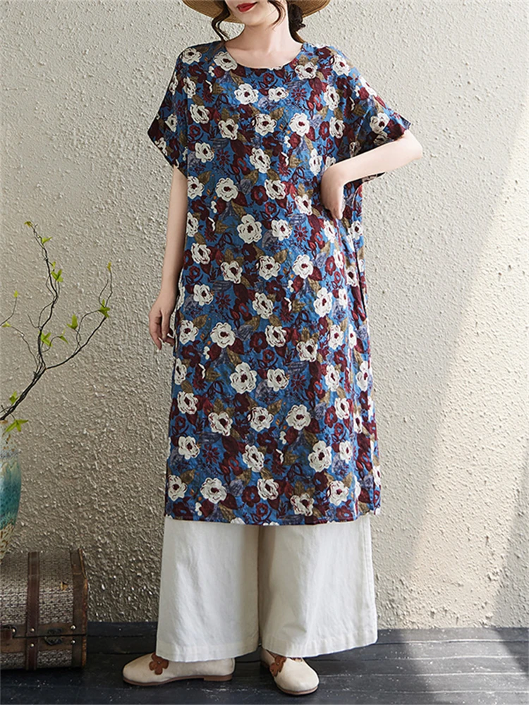 Baumwolle Vintage Floral Print Kleider Für Frauen Sommer Kurzarm Casual Lose Lange Kleid Vestidos Femme Robe Elegante Kleidung