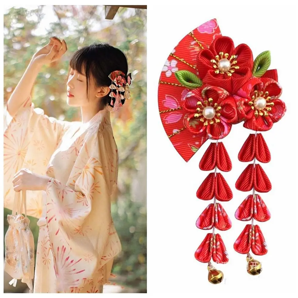 

Lovely Tassels Tassel Fan Hairpin Flower Sakura Japanese Kimono Headwear Hanfu Fan Hair Clip Girl Hair Accessories Girls