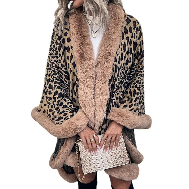 6 Colors Women Loose Cardigan Streetwear Long Shawl Coat Faux Fur Winter Cape Thick Warm Knitted Leopard Printed Cloak