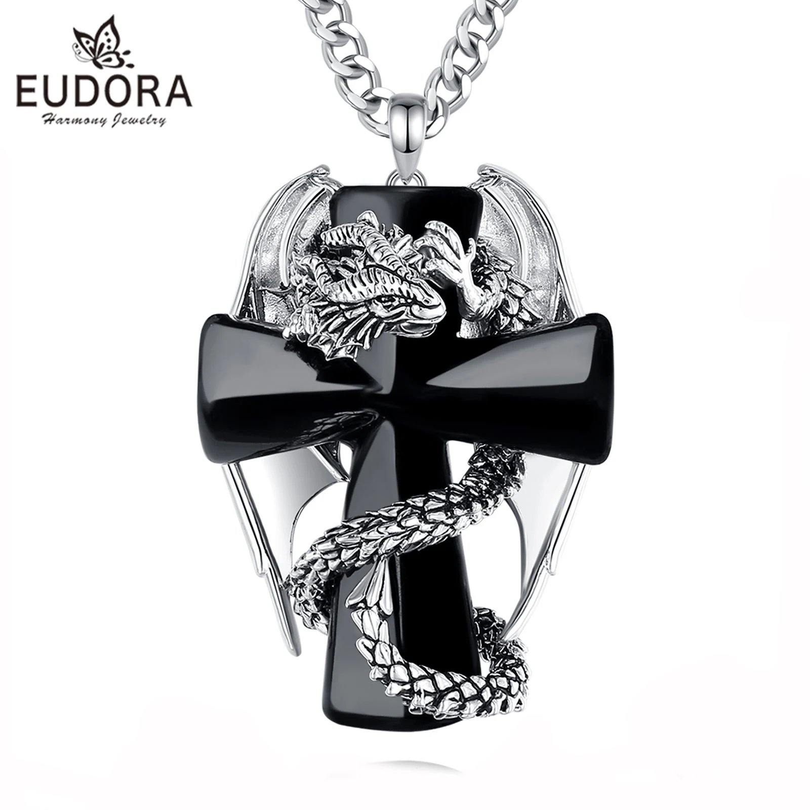 Eudora Dragon Twining Cross Obsidian Necklace Punk Natural Healing Stone Crystal Pendant Spiritual Jewelry Meditation Fine Gift