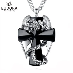 Eudora Dragon Twining Cross Obsidian Necklace Punk Natural Healing Stone Crystal Pendant Spiritual Jewelry Meditation Fine Gift
