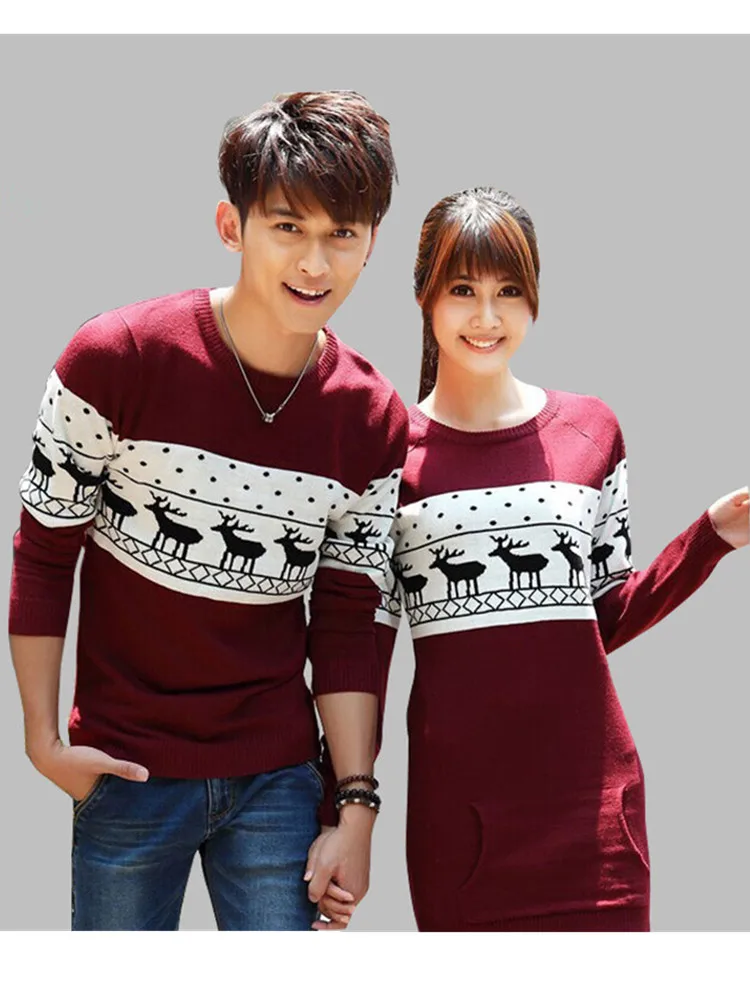 New Autumn Winter Men's /Women Long Sleeve Wine Red Knit Pullovers Matching Deer Couple Christmas New Year Sweaters Female Jump