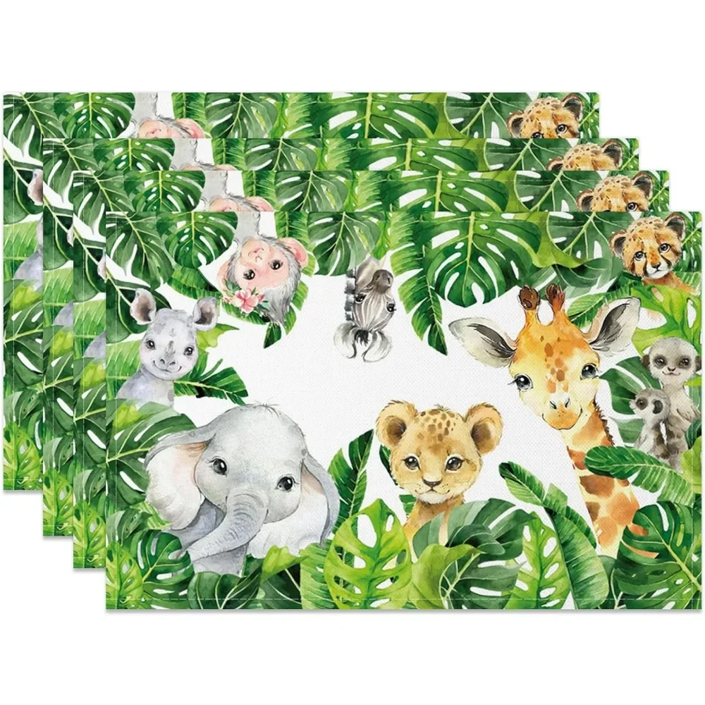 Baby Animals Elephant Giraffe Placemats Cartoon Tropical Safari Place Mats Washable Table Mats for Party Kitchen Dining