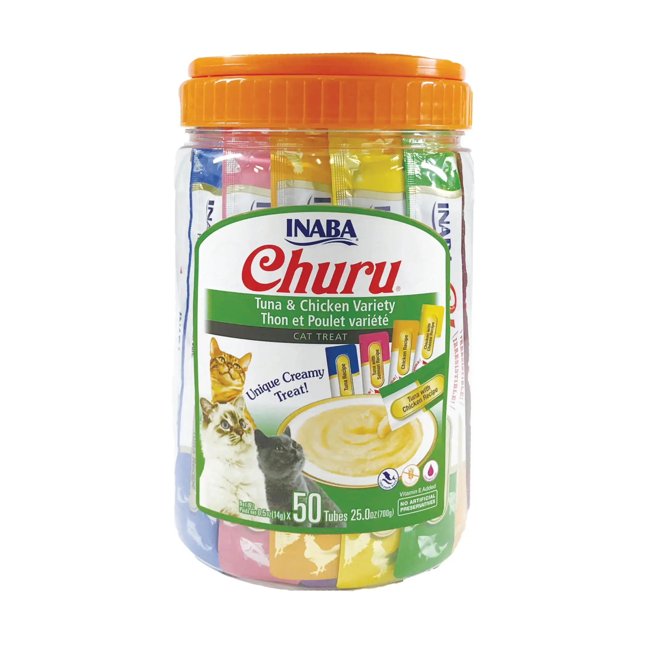 

INABA Churu Creamy, Lickable Purée Cat Treat w Taurine, 0.5 oz, 50 Tubes, Tuna & Chicken Variety
