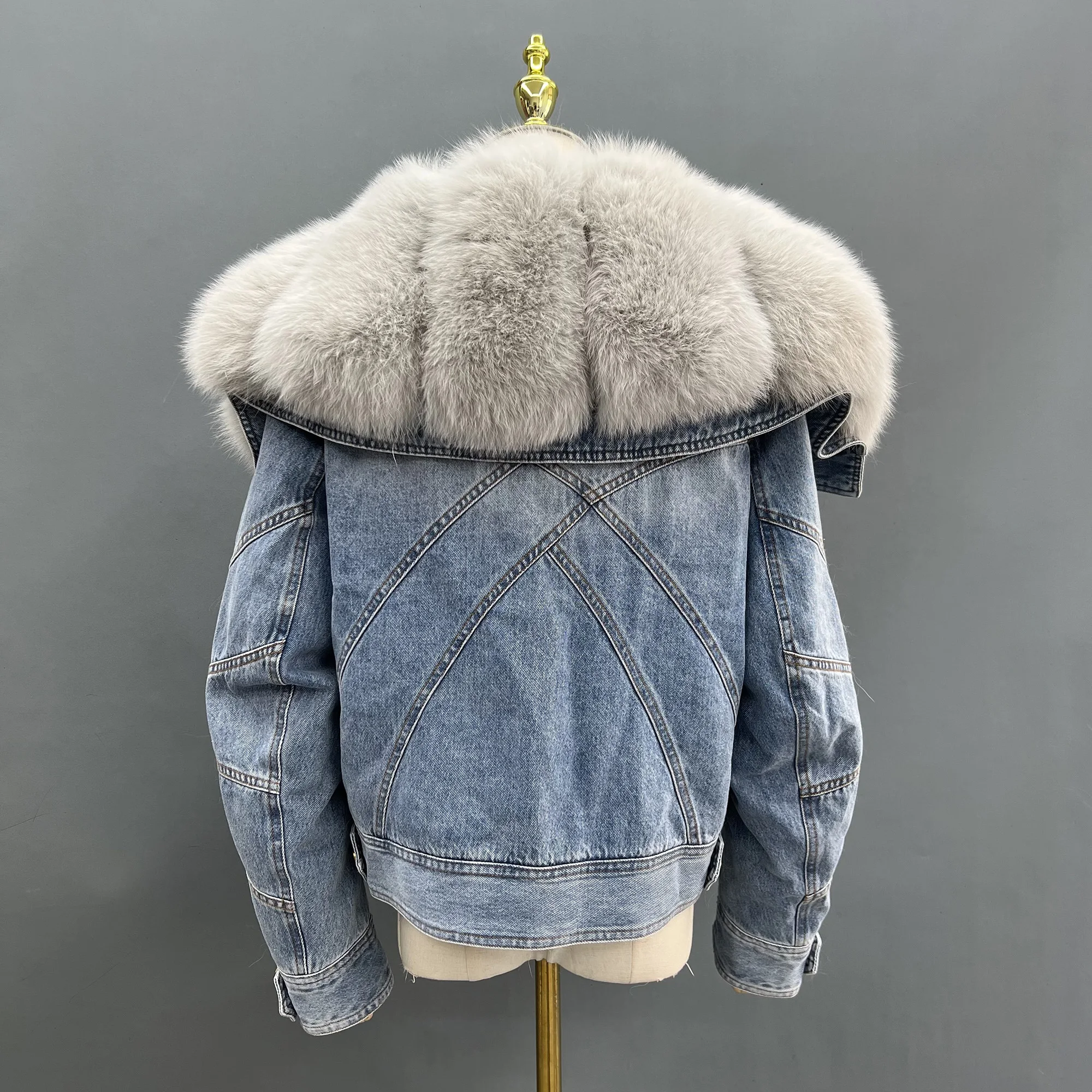 Denim Big Fox Fur Jacket, Warm Down, Feather Lining, Winter Coat, Street Wear