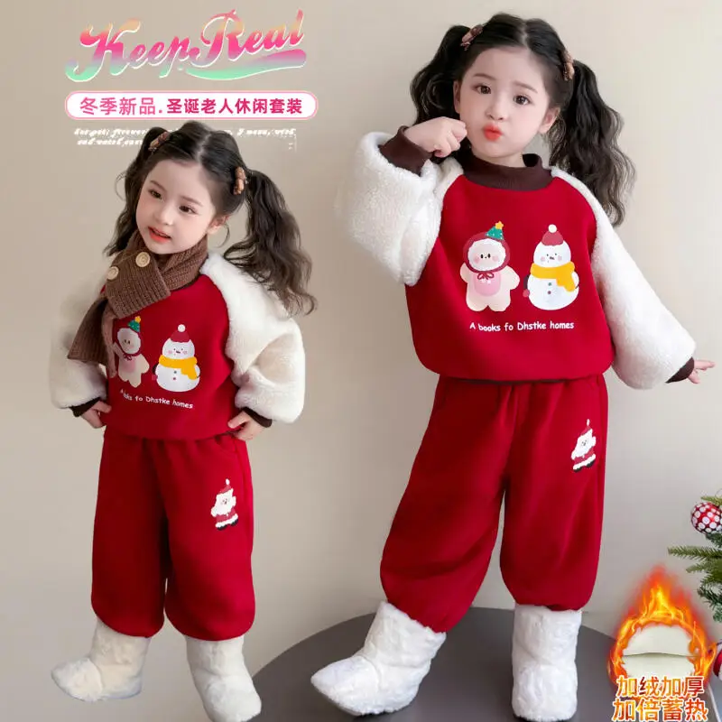 

Christmas girls' thick warm cartoon hoodie 2pcs autumn winter 2025 new Kawaii anime fashionable casual sports set sweet clothing