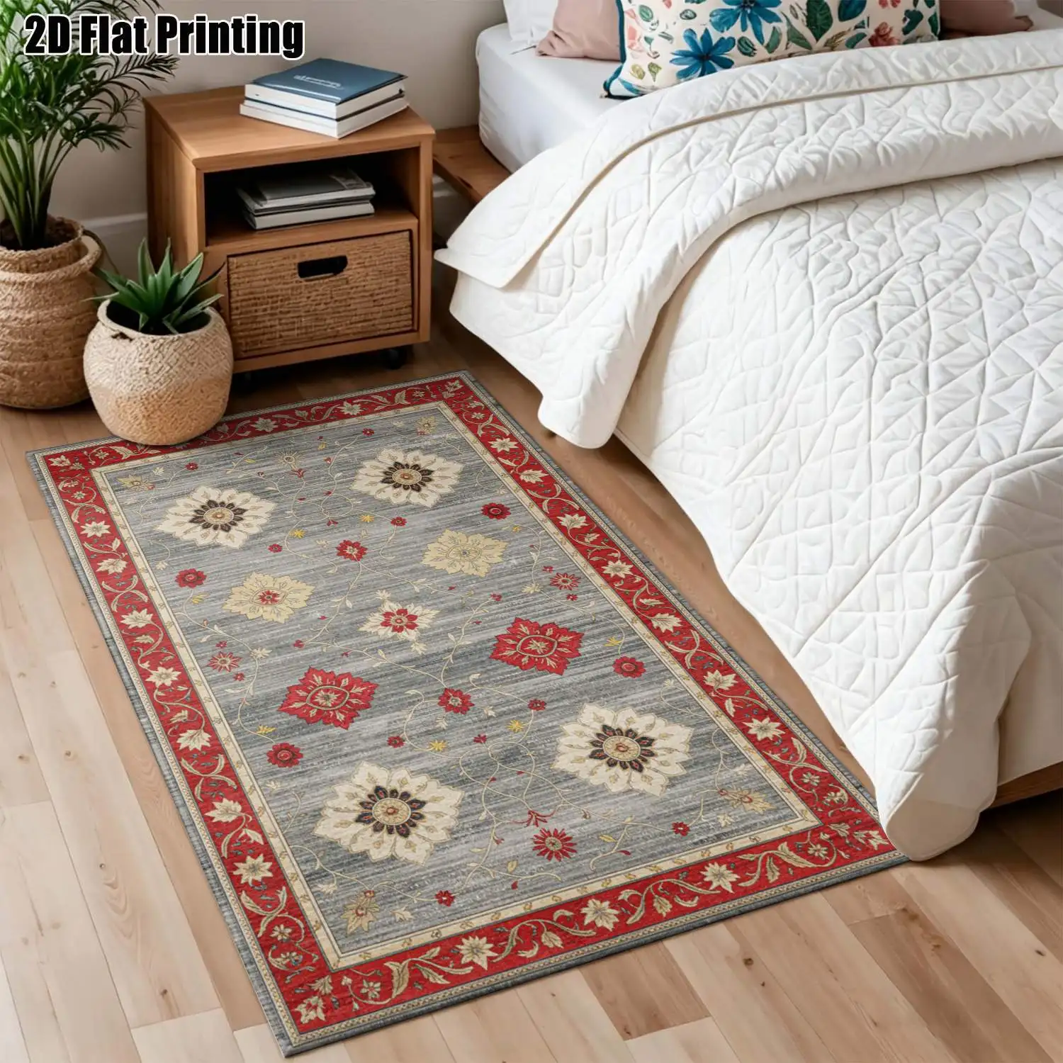 1Pc 2D Printed Carpet: Gray Base Red-Brown Floral, European Vintage Bohemian Style, Home Decor, Multiple Sizes, Machine Washable, for Entrance/Dining/Foyer/Study/Living/Bedroom