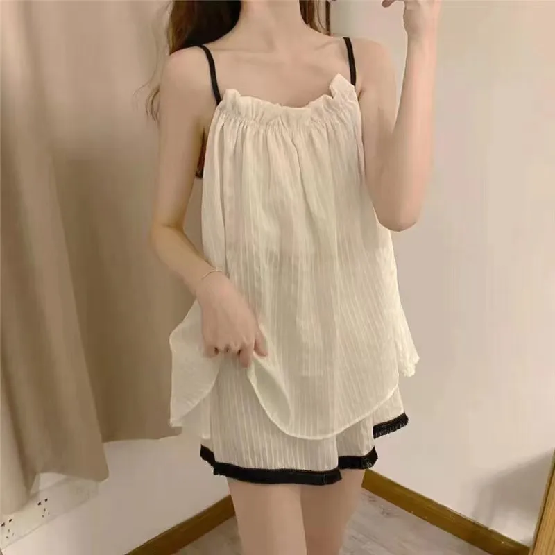 

2024 new summer cute sweet beauty student suspender shorts female pajamas imitation cotton large white fresh suit home clothes