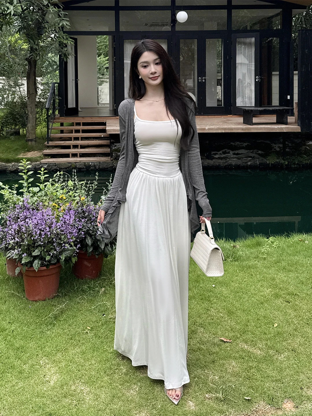 GirlsAt18 White Strapless Long Dress Women's Autumn Sun Protection Cardigan Slim Fit Two-Piece Set French Style Knitted A-Lin...