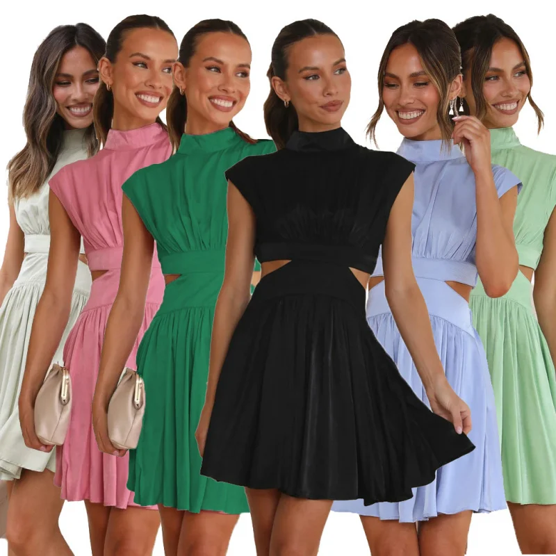 

23Solid Color Sweet Style Summer Edition Waist-Cinching Stand Collar Waist-Exposing Short Dress23007