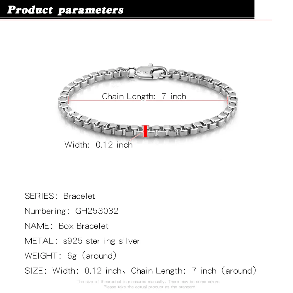 Minimalism 925 Sterling Silver Women 3mm Box Chain Tennis Bracelet For Woman Man Classic Fashion Jewelry Bracelet Gifts