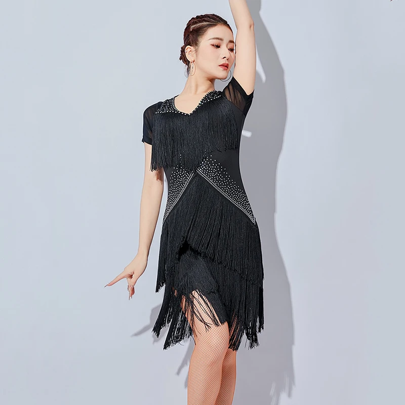 Zomer Fringe Latin Dans Jurk Vrouwen Samba Rumba Dans Outfit Zwarte Korte Mouw Jurken Volwassen Praktijk Dancewear Rood VDL4076