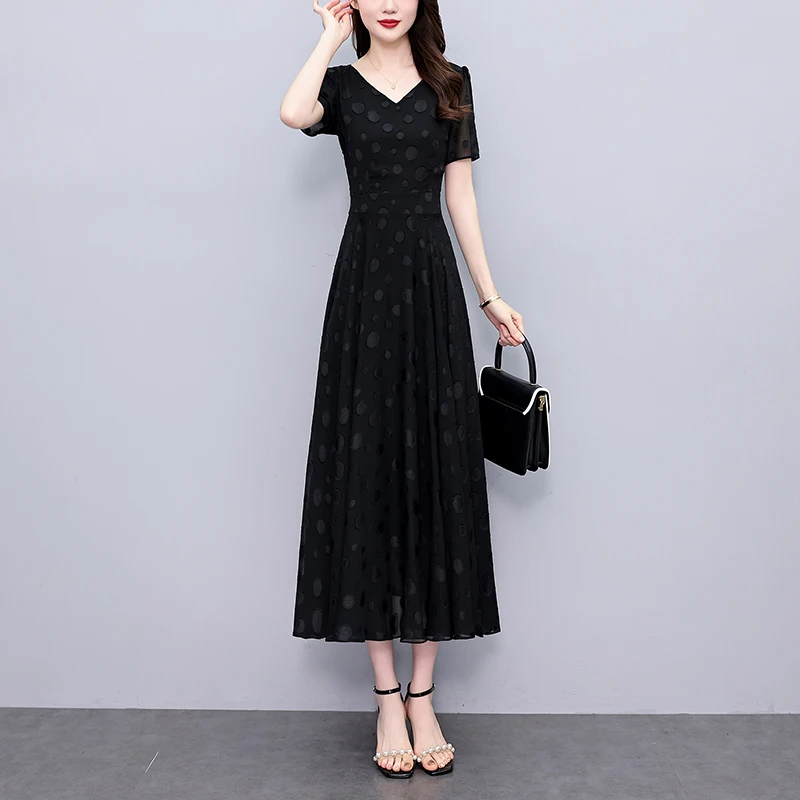 2025 nouveau été Vintage noir robe en mousseline de soie femmes de luxe élégant fête moulante longue robe décontracté Chic bal soirée Midi robes