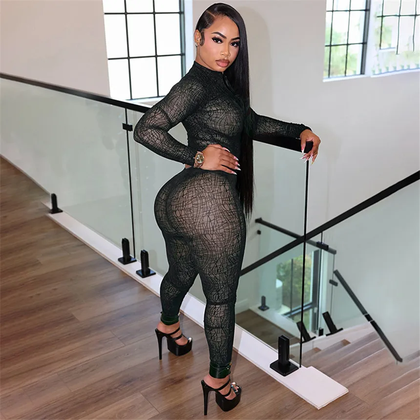 Aliunique 2026 Casual Women Mesh See Though Zipper T-shirt and Legging Pants and Tops Matching Two Piece Set Tracksuit Outfit