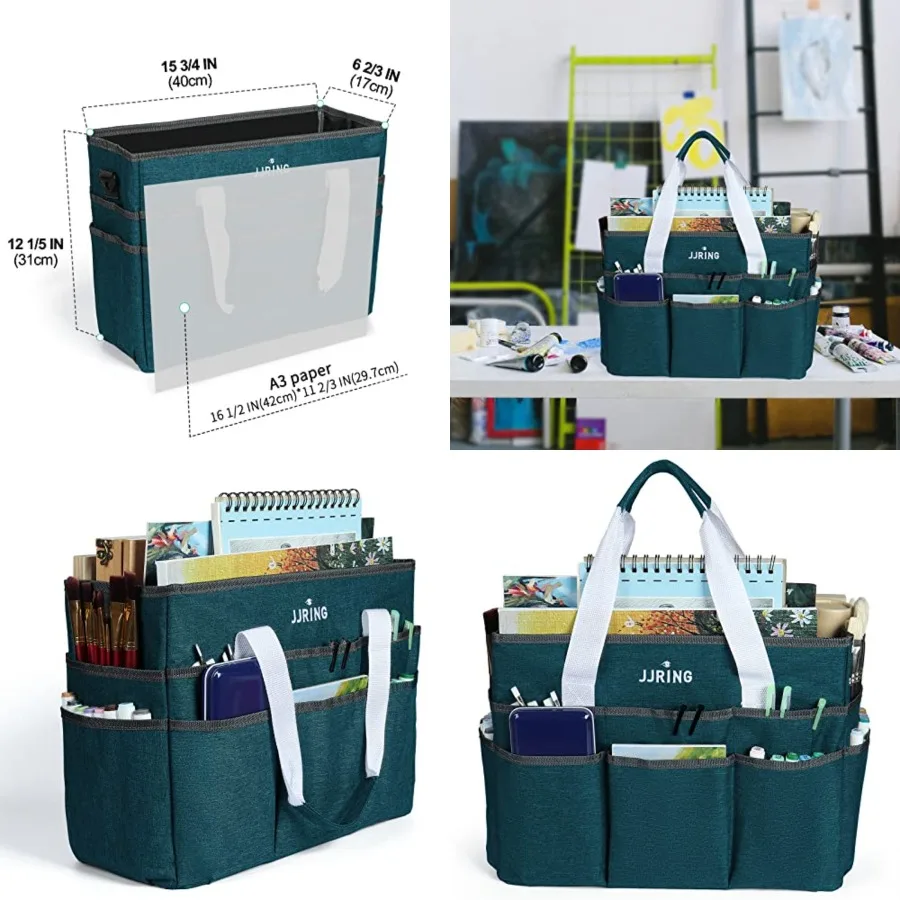 

Craft Organizer Tote Bag Large Art Storage Caddy with Multiple Pockets Bluish Green Sewing Bag for Art Craft Scrapbooking Schoo