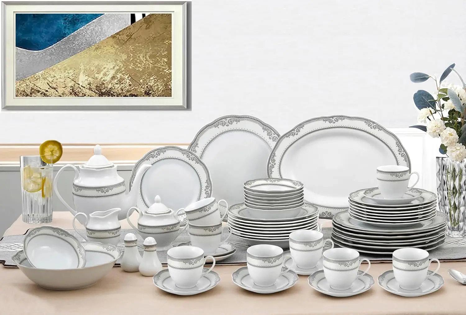 Import Victoria 57-Piece Wavy Porcelain Dinnerware Set