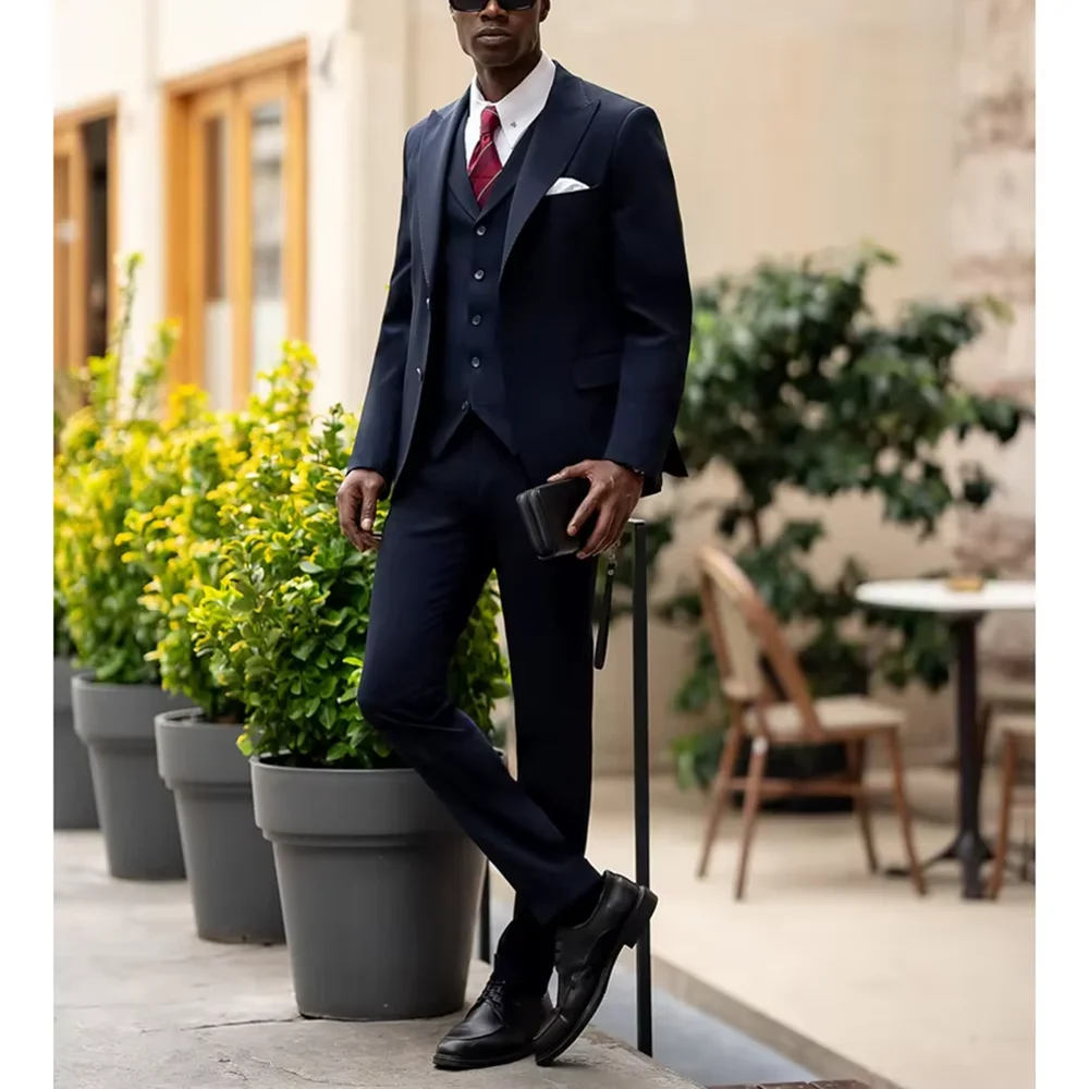 

Navy Blue Men Suits Fashion Peak Lapel Single Breasted Tuxedo Special Occasion Business Meeting Formal Outfits Jacket Pants Vest