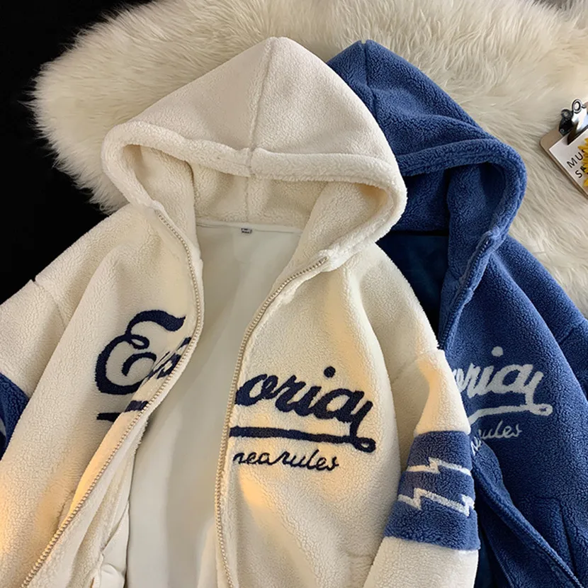 

Lamb Velvet Hooded Jaet Men's Winter New Thiened Cotton Clothes Loose Casual Warm Cotton Coat Youth Faion Leisure Fit