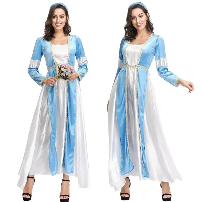 

asdh8@Festival Stage Costume Arabian Princess Cosplay Fantasy Clothing Blue White Dress Disguise Adult Women Roleplay Party Outf