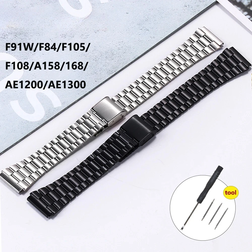 Pulseira de relógio para casio F-91W f105 f108 a158w a168 ae1200 ae1300 substituição pulseira de metal 18mm pulseira de aço inoxidável
