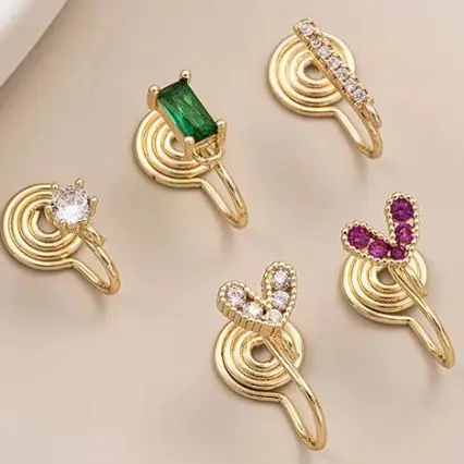 14K Gold-Plated Zircon Ear Clip Mosquito Repellent Coil Heart-Shaped Rectangular Handcrafted DIY Accessory No Ear Holes Needed