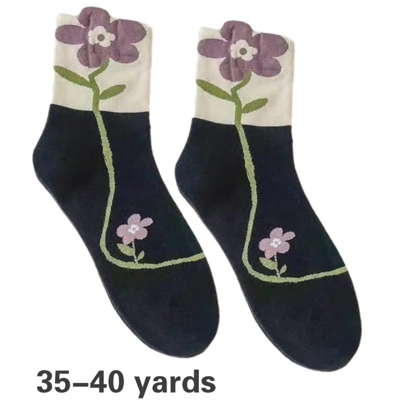 Korean Styles Flower Socks For Women and Teens Girl Breathable Cotton Middle Tube Knee Highs Socks for Student Daily Use P31B