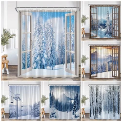 Winter Landscape Shower Curtains Brown Window Cedar Snow Mountain Nature Scenery Home Bathroom Decor Bath Curtain Set With Hooks