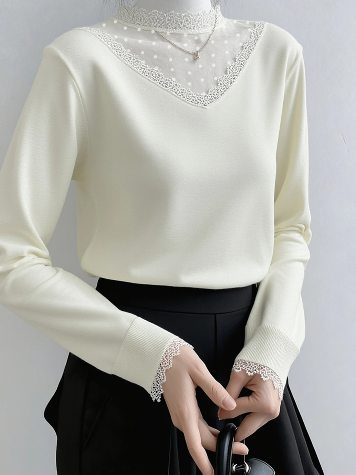 

Длинный вязаный свитер с кружевной отделкой Ele, мягкий повседневный зимний топ Camere, модный комбинезон для поездок на работу, прямой крой