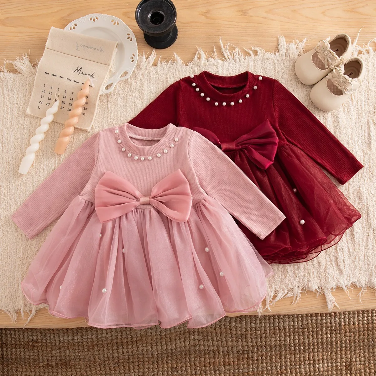 Autumn/Winter New Baby Girl Dress Sweet Birthday Dress Long Sleeved Mesh Lining Design Cute Wedding Flower Girl Party Girl Dress
