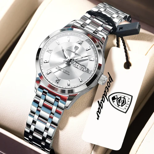 Imagen 2 del producto Relojes de Mujer Elegantes y de Lujo POEDAGAR, Reloj de Pulsera de Acero Inoxidable Luminoso a Prueba de Agua, Reloj de Cuarzo con Fecha y Semana para Mujer