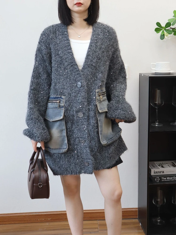 Herfst Winter Losse Truien Jas Vrouwen Nieuwe Gebreide Trui Vest Jas 2025, Vrouwelijke Retro Mode Denim Stiksels Uitloper