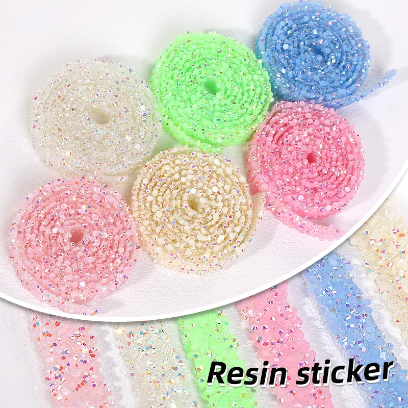 1/2 Yard Pasteable Resin Diamond Ribbon Jelly Color Self Adhesive Stickers Decoration Patches Tear And Stick  Rhinestone Belt