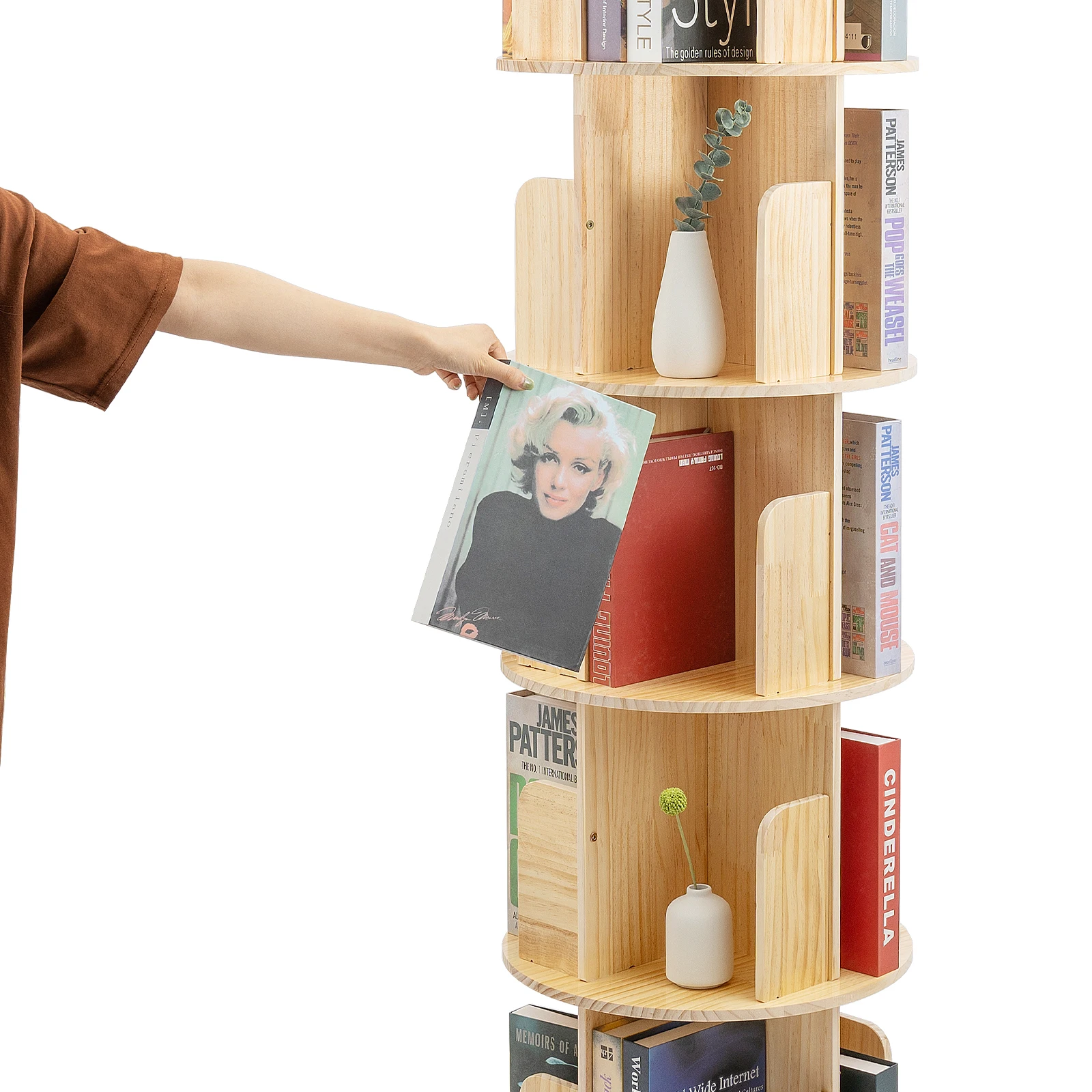 Solid Wood Rotatable Bookshelf, 360° Display Stand Shelf Wooden Shelf Floor Standing Bookshelf, Multifunctional Storage Shelf