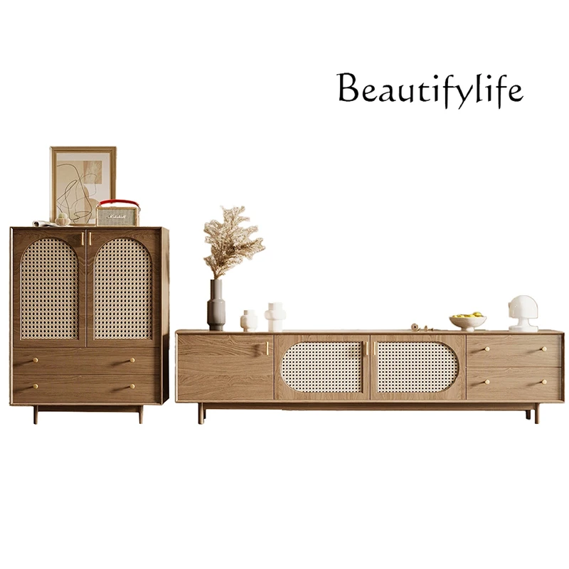 

Japanese-style wabi-sabi wind solid wood dining side cabinet home living room wall solid wood locker decoration