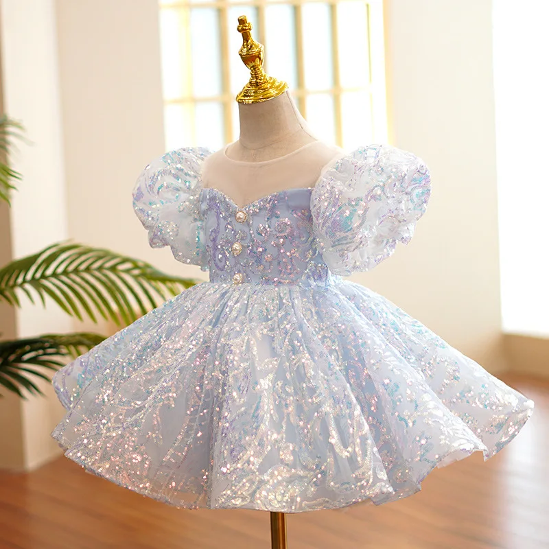 Fashion Girl Princess Vintage Sequins Dress Puff Sleeve Infant Toddler Child Bow Vestido Party Birthday Costume Clothes 1-12Y